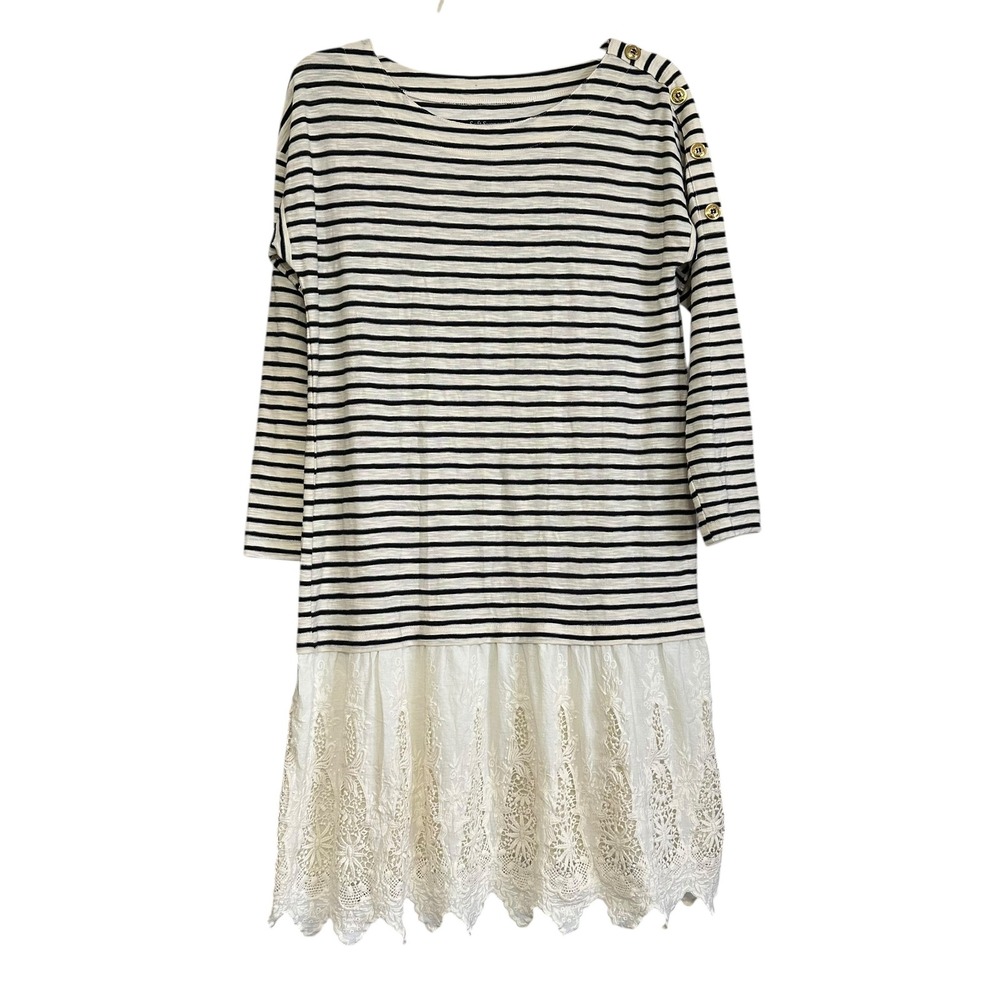Soft Surroundings Left Bank Striped Nautical Dress XS Cream Navy Eyelet Cottage